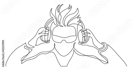 continuous line drawing of trendy hair style woman in sunglasses listening music in headphones