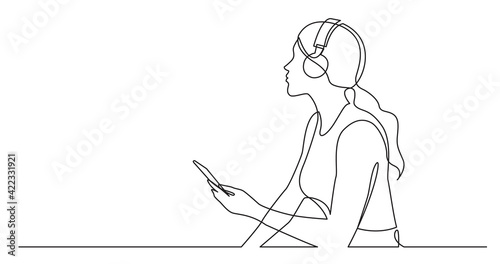 continuous line drawing of woman holding phone listening music in headphones