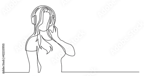 continuous line drawing of long hair style woman relaxing listening music in headphones