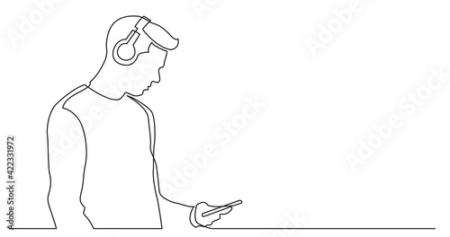 continuous line drawing of young man holding phone listening music in headphones