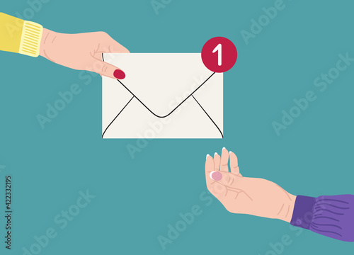 Female hand is giving envelop to another hand. Concept of mail delivery sending letter of friendship. Hand drawn vector illustration