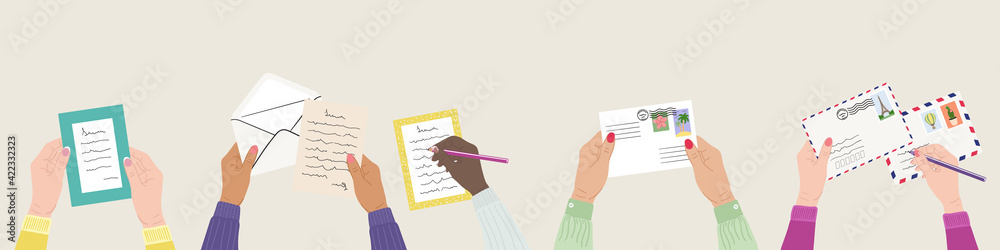 Set of female hands are holding mails, envelopes, writing letters. Concept of sending letter of love and friendship. Hand drawn vector illustration - obrazy, fototapety, plakaty 