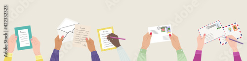 Set of female hands are holding mails, envelopes, writing letters. Concept of sending letter of love and friendship. Hand drawn vector illustration