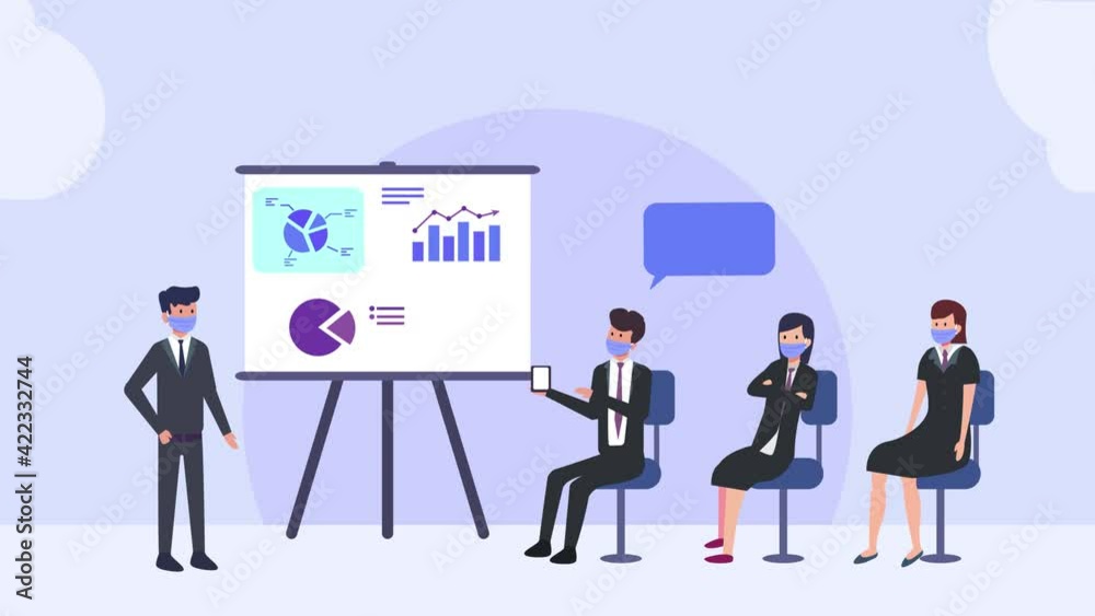 Male manager in mask explain graph to colleague Male manager in mask explain graph to colleague