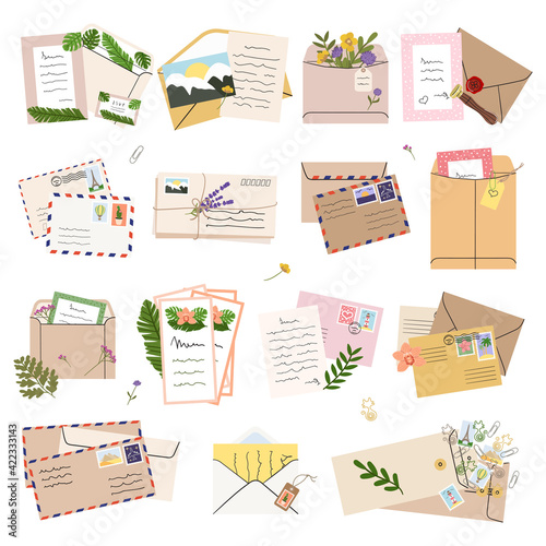 Set of mails, envelopes, letters, postcards, postage stamps and stationery. Concept of sending letter of love and friendship. Top view. Hand drawn vector illustration isolated