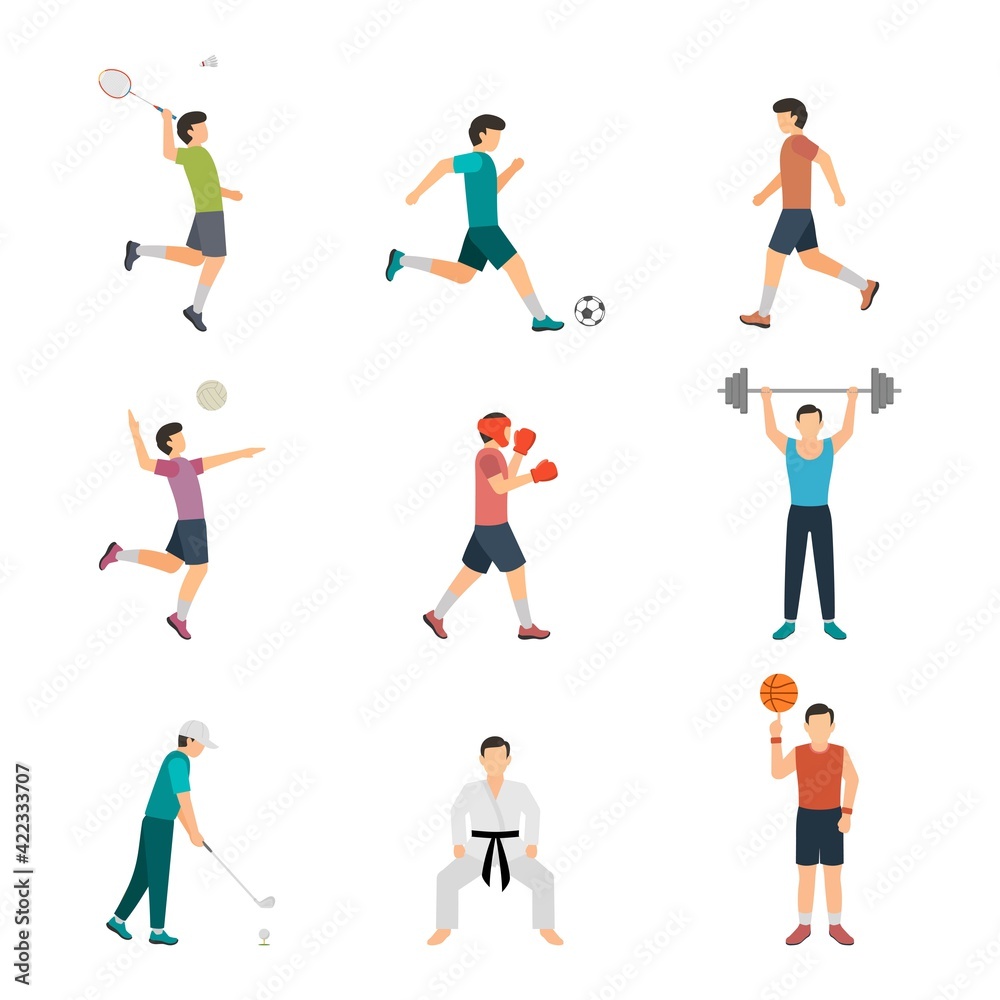 Sport people flat icon set with men doing different types of sports isolated vector illustration