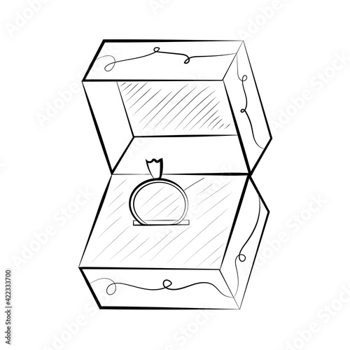 Wedding ring in a box hand drawing icon isolated on white background. Vector