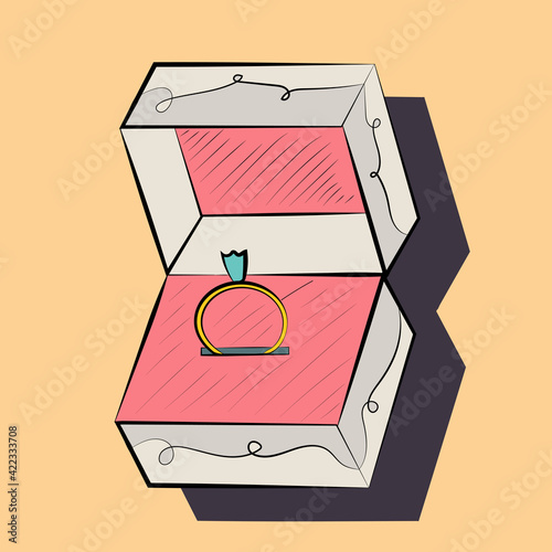 Wedding ring in a box hand drawing symbol icon outline flat illustration on light background. Vector