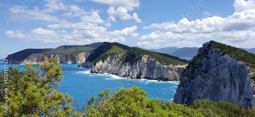 a beautiful view of the turquoise blue eonian sea crashing into the cliffs