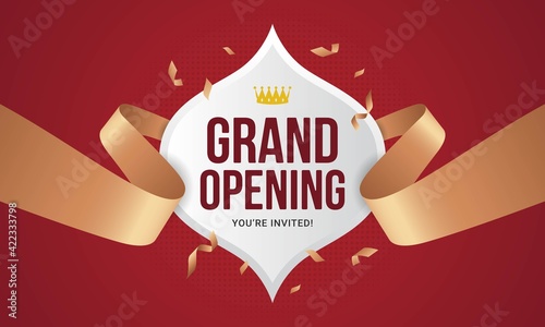 Grand opening banner invitation with megaphone speaker opening celebration announcement vector illustration