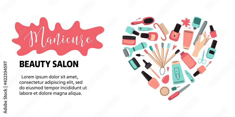 Vector manicure tools banner. Concept of beauty salon, nail design. Doodle vector illustration