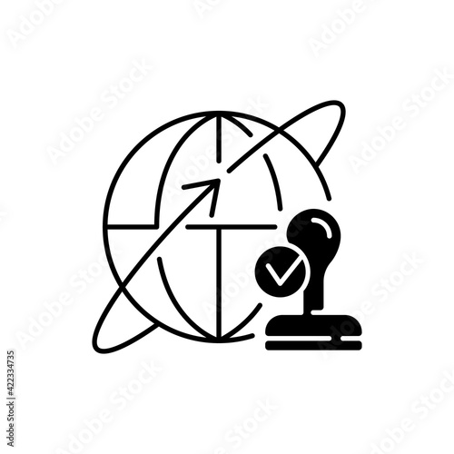 Custom broker black linear icon. Global distribution. International shipment. Importing and exporting goods. Trading deal for business. Outline symbol on white space. Vector isolated illustration