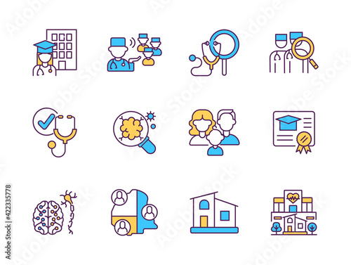 Health care RGB color icons set. Family doctor assistant. General practitioner appointment. Primary care for patient with chronic disease. Professional physician. Isolated vector illustrations