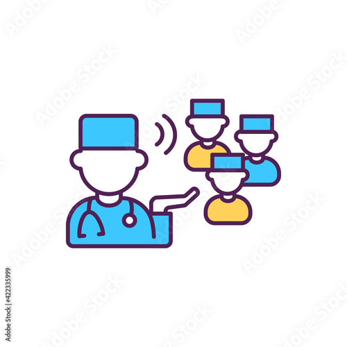 Doctor refer to specialists RGB color icon. Navigate patient to professional therapists. Hospital assistance. Help with clinical service. Disease treatment. Isolated vector illustration