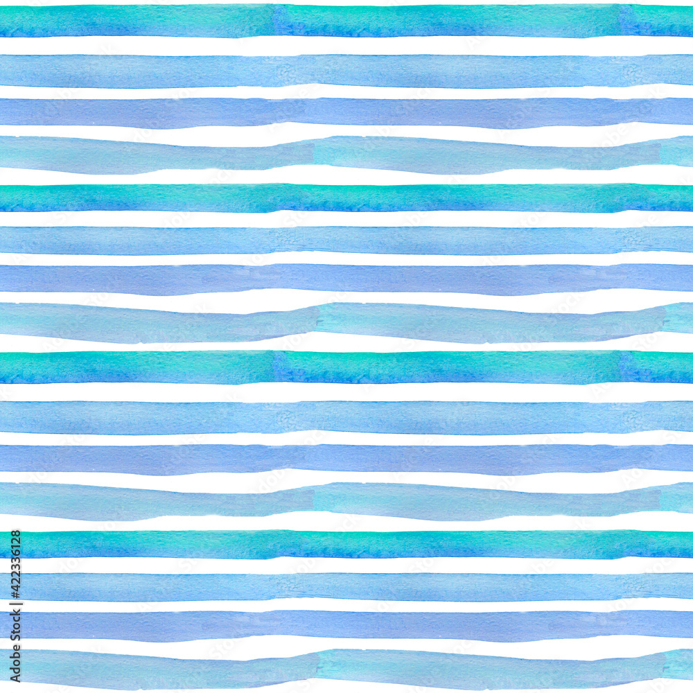Fototapeta Watercolor hand-drawn blue stripe pattern on a white background. 