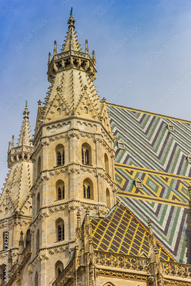 Towers of the historic Stephansdom church in Vienna, Austria