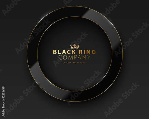 Vector black ring. Glossy luxury dark and golden line frame. Round border for photo, picture, congratulations, logo header. Realistic glass frame with reflection gold edge on black background