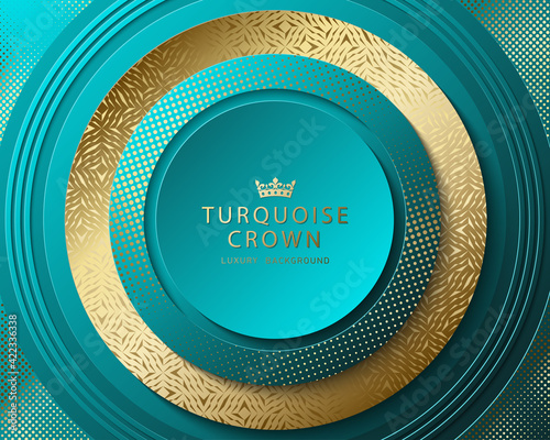 Vector turquoise and gold abstract round luxury frame. Geometric golden pattern, sparkling sequins on blue green background. Premium label bright design