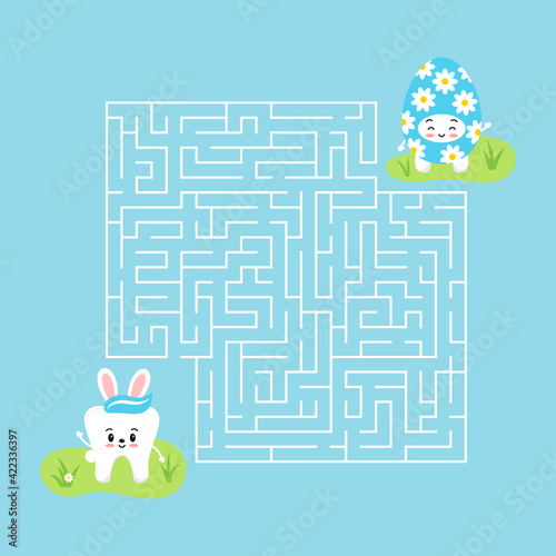 Easter tooth kids maze game. Help white teeth boy with bunny rabbit ears to find right way to his friend in easter egg costume in labyrinth. Vector flat design kid puzzle illustration in cartoon style