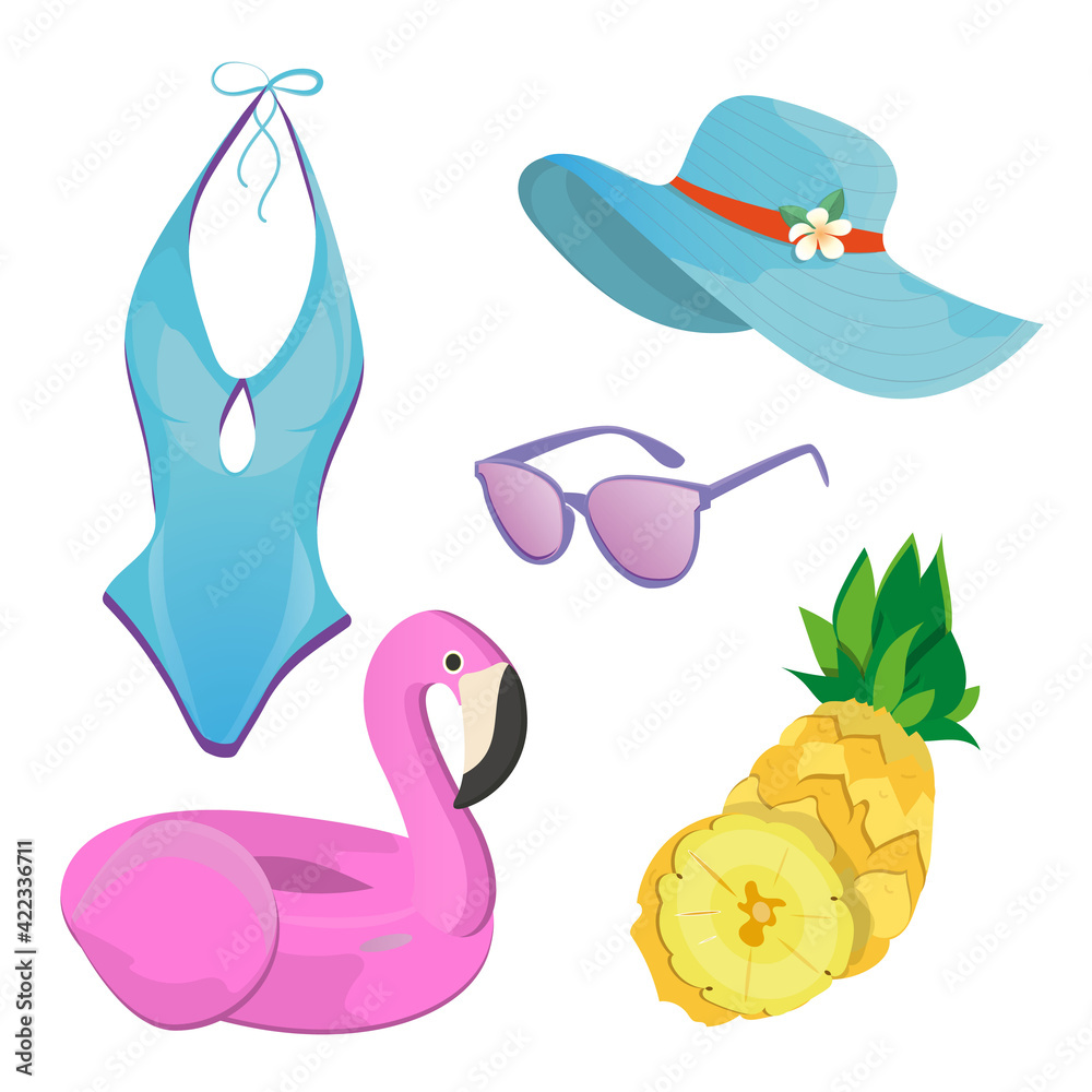 Summer subjects. Set of summer items with a swimsuit and other items. Design element, print, background, layout. Summer subjects. Set of summer items with a swimsuit and other items. Design element, print, background, layout.