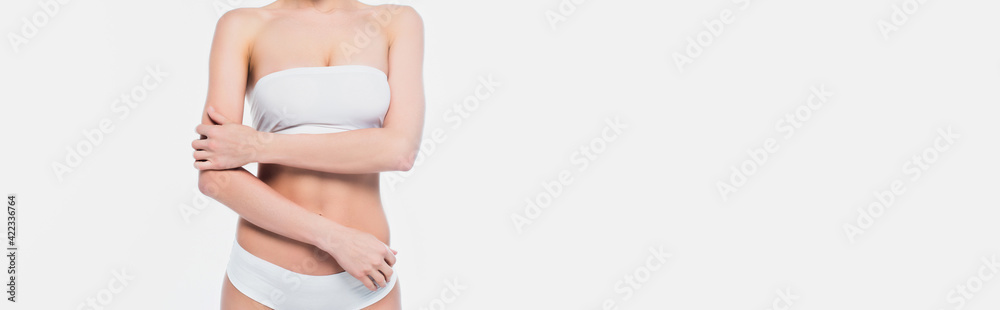Partial view of fit woman in bra and panties isolated on white, banner