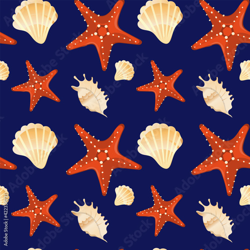 Seamless pattern in the marine theme. Seamless background with starfish and seashells, summer theme. Print, a design element.