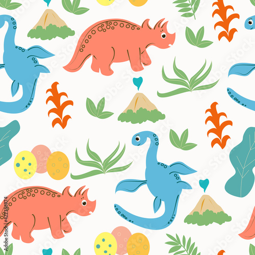 Seamless pattern with dinosaurs and tropical plants