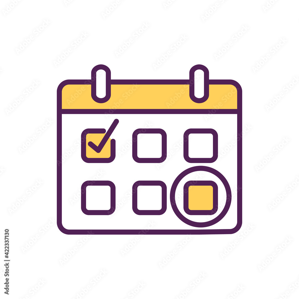 Calendar RGB color icon. Project task deadline. Time management, organization for work. Day with circle mark. Checkmark for date of week. Monthly schedule planning. Isolated vector illustration