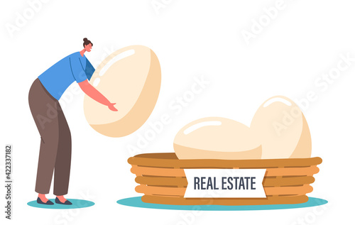 Tiny Female Character Put Egg in Basket with Real Estate Inscription. Business Diversification and Risk Management