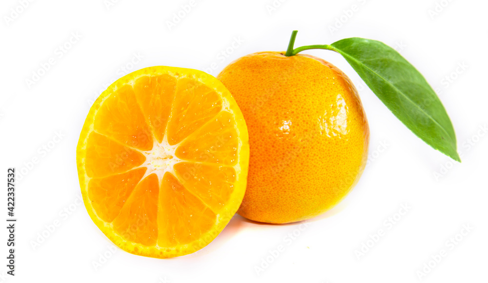 Citrus fruit with leaves with half orange slices isolated on white background Citrus fruit with leaves with half orange slices isolated on white background