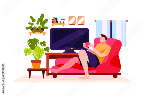 The boy is playing video game