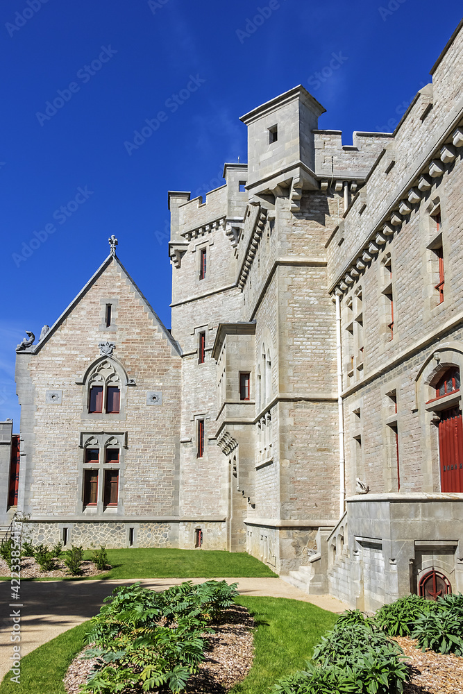 External architectural fragments of neo-gothic Abbadia Castle near Hendaye (1864 – 1879). Basque Country coast, Pyrenees Atlantiques, France.