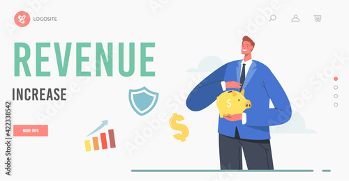 Revenue Increase Landing Page Template. Male Character with Piggy Bank Collect Capital. Saving Money in Thrift-box
