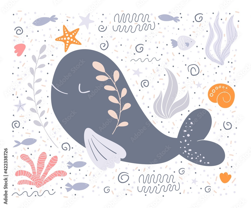 Fototapeta premium Little dolphin with a flower on its side smiles