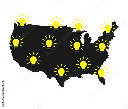  Idea light bulbs on the map of USA. American idea.