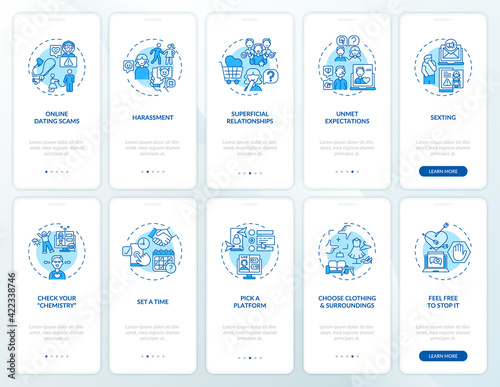 Online dating scams onboarding mobile app page screen with concepts. Harassment on dating website walkthrough 10 steps graphic instructions. UI, UX, GUI vector template with linear color illustrations