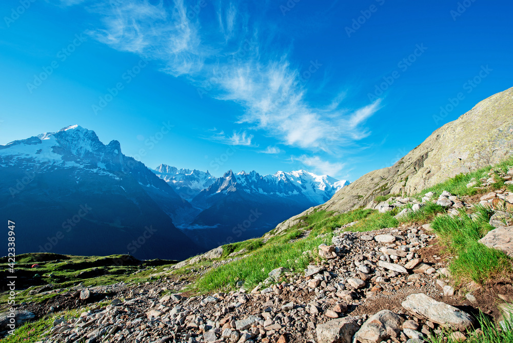 Beautiful mountain landscape with stones in French Alps, massif La Blanc. (Harmony, tourism, meditation - concept)