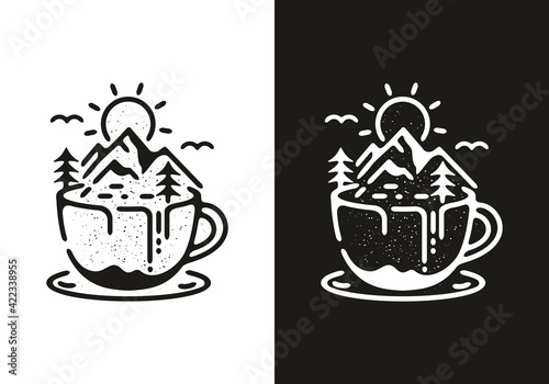 Mountain view coffee line art illustration