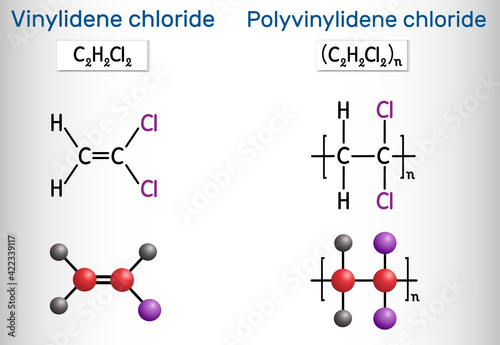 Polyvinylidene chloride, polyvinylidene dichloride, PVDC molecule. It is homopolymer of vinylidene chloride. Structural chemical formula and molecule model