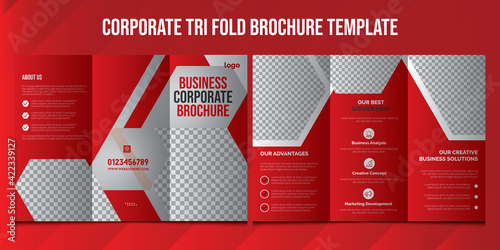  Business Brochure Template in Tri Fold Layout. Corporate Design Leaflet, Layout with modern elements, triangle photo, and abstract background. Creative concept 3 folded flyer or Tri-Fold brochure.