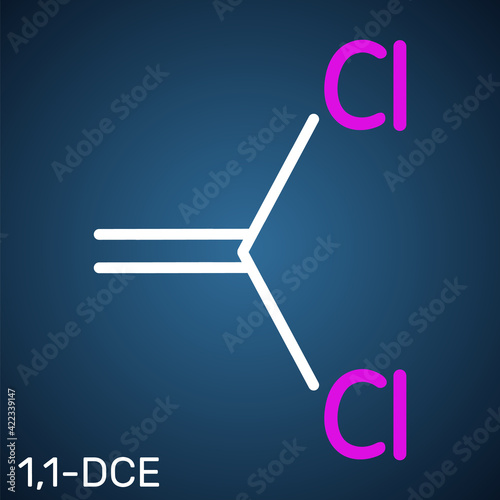 1,1-Dichloroethene, vinylidene chloride, DCE molecule. It is used in the production of polyvinylidene chloride copolymers (PVDC). Structural chemical formula on the dark blue background