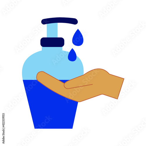 Hand disinfection. Liquid soap and hands in blue tones. Removal of microorganisms and dirt from the skin. Regular hand washing with soap and hand sanitizer. Vector graphics.