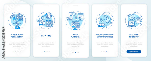 Video dating tips onboarding mobile app page screen with concepts. Pick platform for talking walkthrough 5 steps graphic instructions. UI, UX, GUI vector template with linear color illustrations