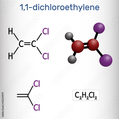 1,1-Dichloroethene, vinylidene chloride, DCE molecule. It is used in the production of polyvinylidene chloride copolymers (PVDC). Structural chemical formula, molecule model