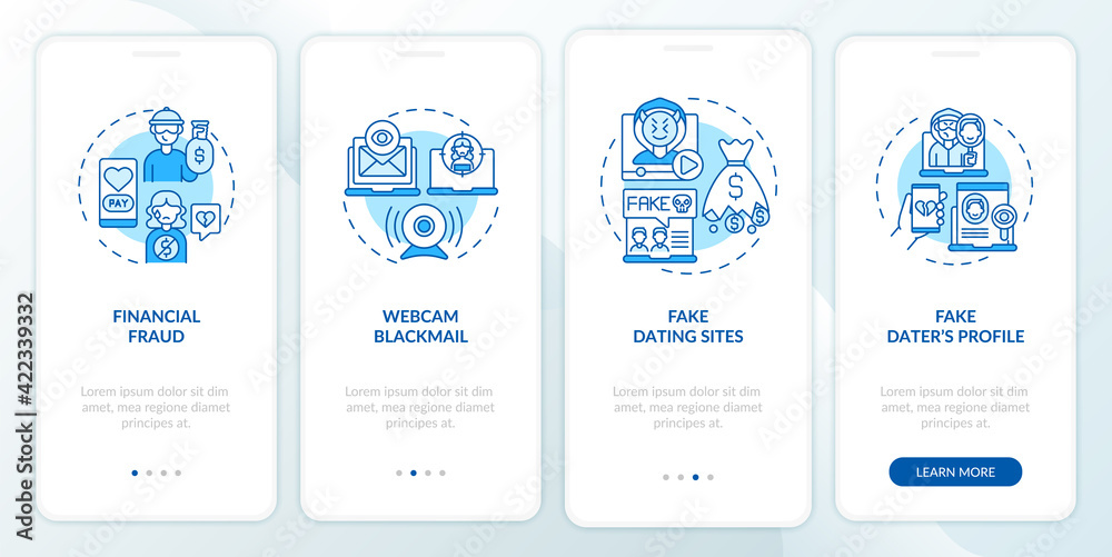 Online dating risks website onboarding mobile app page screen with concepts. Fake profile walkthrough 4 steps graphic instructions. UI, UX, GUI vector template with linear color illustration
