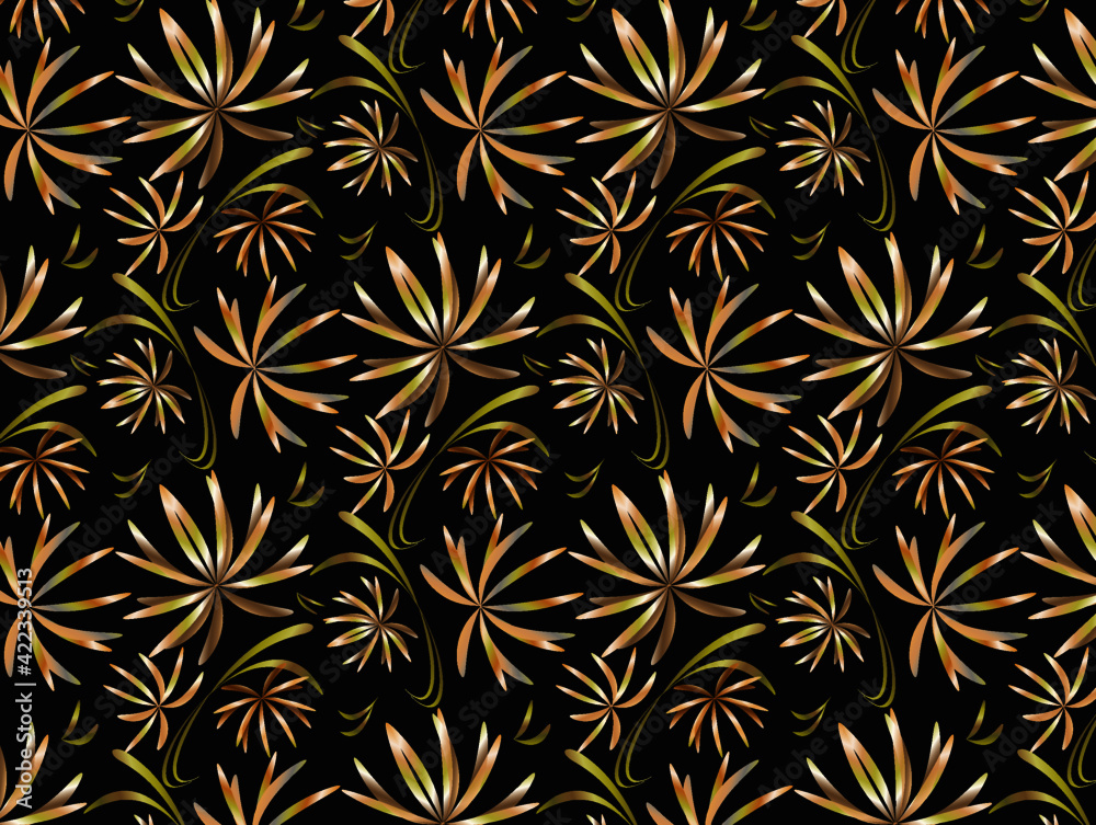 gold abstract flowers and swirls on a dark background. vector illustration. seamless pattern gold abstract flowers and swirls on a dark background. vector illustration. seamless pattern