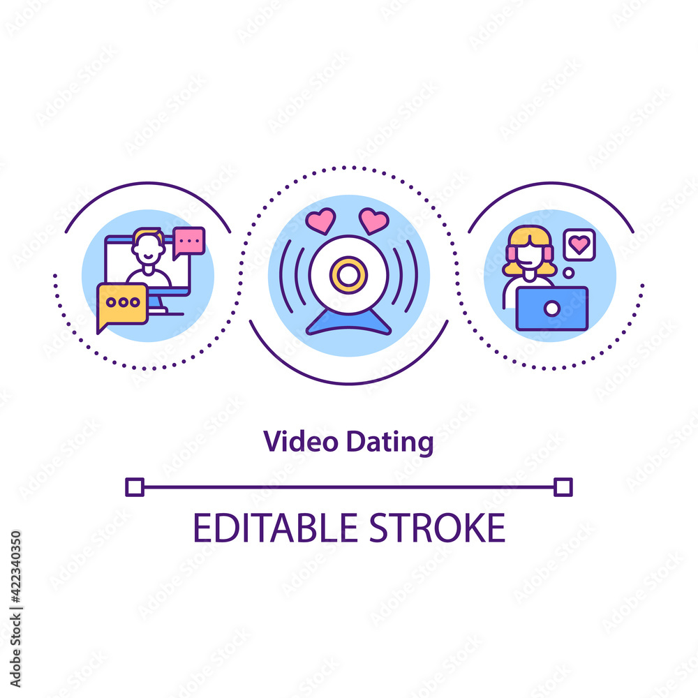 Video dating concept icon. Communication with video device usage to meet new people. Love searching idea thin line illustration. Vector isolated outline RGB color drawing. Editable stroke