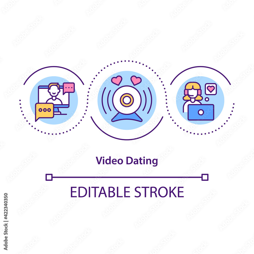 Video dating concept icon. Communication with video device usage to meet new people. Love searching idea thin line illustration. Vector isolated outline RGB color drawing. Editable stroke Video dating concept icon. Communication with video device usage to meet new people. Love searching idea thin line illustration. Vector isolated outline RGB color drawing. Editable stroke