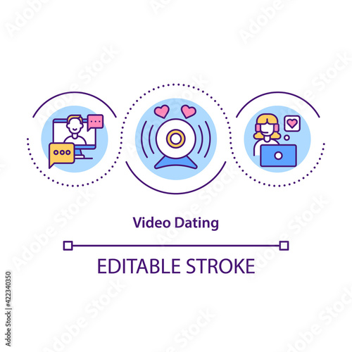 Video dating concept icon. Communication with video device usage to meet new people. Love searching idea thin line illustration. Vector isolated outline RGB color drawing. Editable stroke