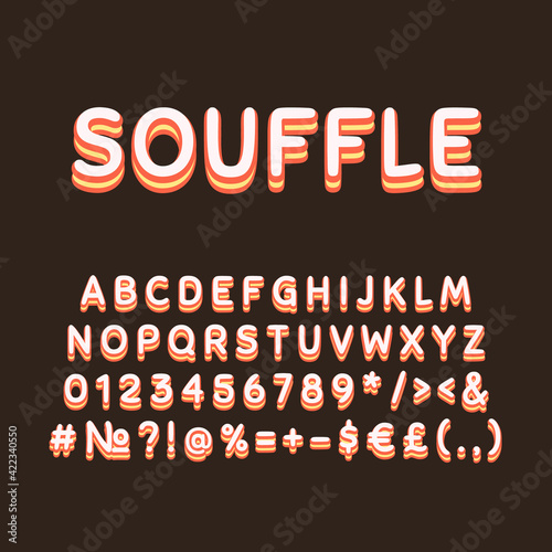 Souffle vintage 3d vector alphabet set. Retro bold font, typeface. Pop art stylized lettering. Old school style letters, numbers, symbols pack. 90s, 80s creative typeset design template
